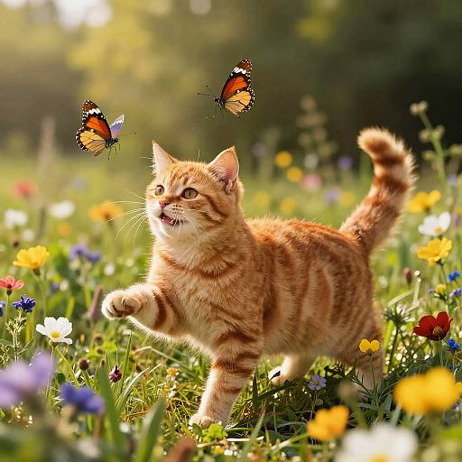 Playful Redhead Cat in Wildflower Meadow