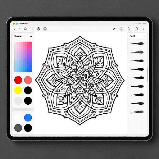 Digital drawing tablet displaying a black and white intricate mandala design with color palette on the left and brush settings on the right.