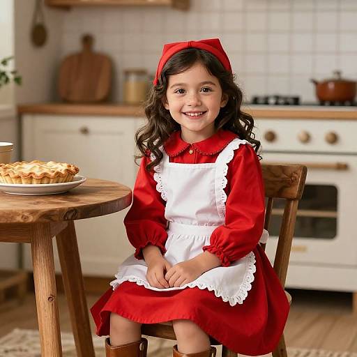 Photograph of a smiling young girl with curly brown hair, wearing a red dress with white lace apron, red bow, and brown boots, seated
