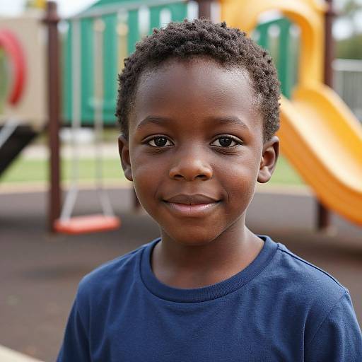 Photograph of a young Black boy with short curly hair, wearing a blue shirt, smiling in a colorful playground background.