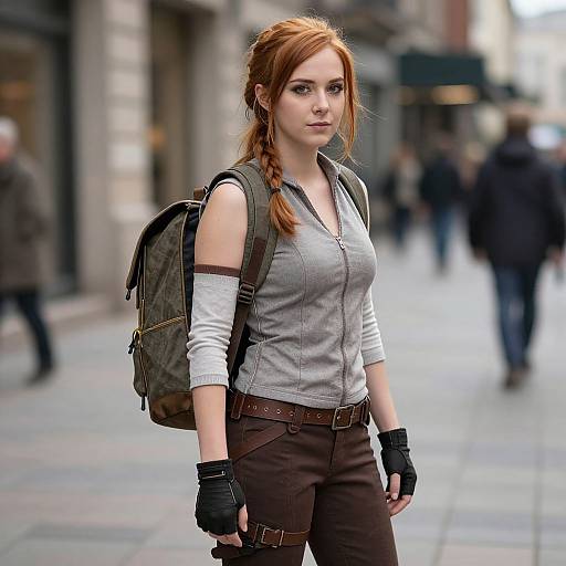 Photorealistic CGI of a red-haired woman with braided hair, wearing a grey zip-up shirt, brown pants, black gloves, and a backpack