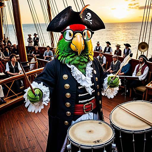 Parrot Pirate Drummer on Ship Stage at Sunset