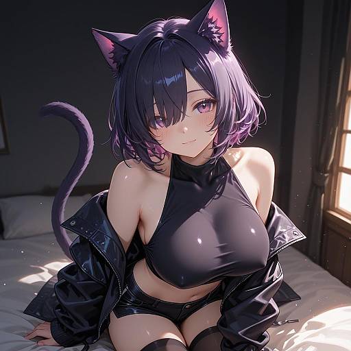 Purple Catgirl Portrait with Thighhighs
