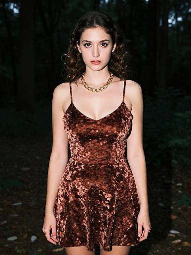 Photograph of a young woman with dark hair, wearing a sequined, brown, sleeveless dress and gold necklace, standing in a dark, forest