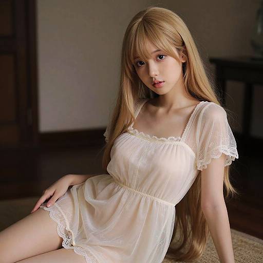 Photograph of a young Asian woman with long, straight blonde hair, wearing a sheer, white, lace-trimmed baby doll dress, sitting in