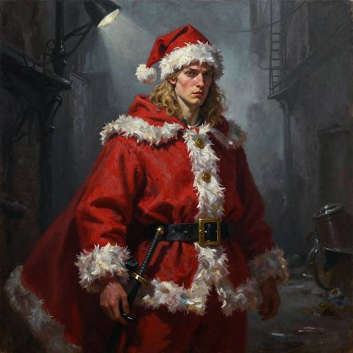 Digital painting of a serious, long-haired man in a red Santa cloak with white fur trim, black belt, and hat, standing in a dark,