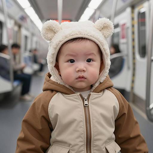 Baby in Bear Hooded Jacket on Subway