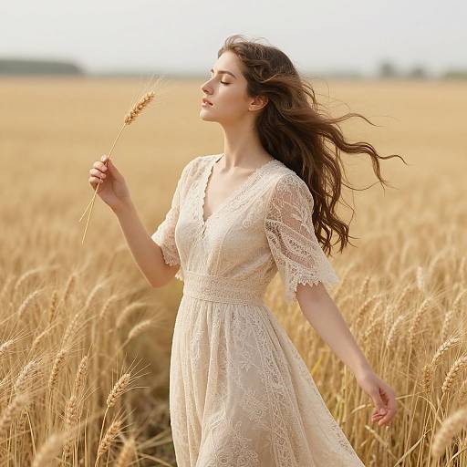 Photograph of a fair-skinned woman with long brown hair, wearing a delicate, cream lace dress, gently holding wheat, standing in a golden wheat