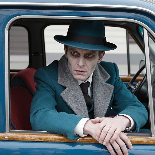 Mysterious Man in Teal Suit by Car