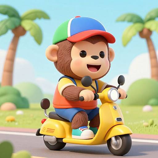 3D cartoon monkey riding a yellow scooter, wearing a blue-green-red cap, orange vest, blue shorts, and white shoes, in a sunny,