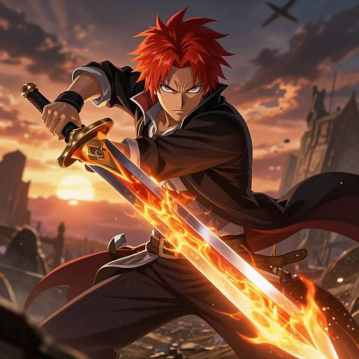 Digital anime artwork of a red-haired, intense-eyed warrior wielding a flaming sword against a sunset sky with ruined buildings and a flying plane.