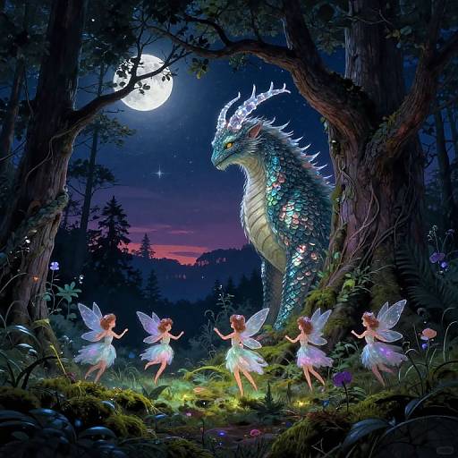 Digital fantasy artwork: Four glowing fairy women with delicate wings dance under a full moon, surrounded by a luminescent dragon and dense, mystical forest.