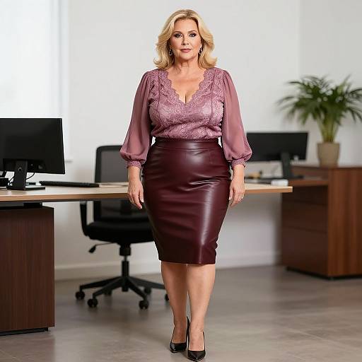 Photograph of a blonde woman with wavy hair, wearing a lavender lace blouse and maroon leather pencil skirt, standing in a modern office with wooden