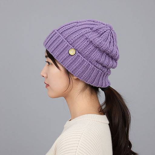 Photograph of an Asian woman with light skin, black hair in a ponytail, wearing a textured purple knit beanie with a yellow button, against
