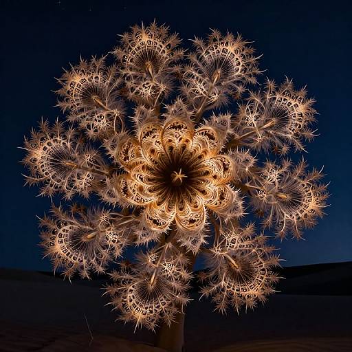 Photograph of a glowing, starburst-shaped plant illuminated at night, showcasing intricate, spiky, golden light patterns against a dark blue sky.