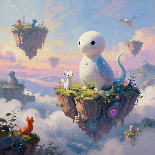 Fantasy digital painting of whimsical floating islands with cute, round, white creatures with blue accents, surrounded by colorful plants and small animals, under a