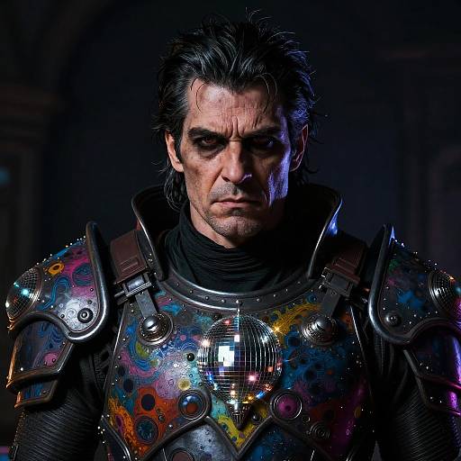 Photograph of intense, dark-haired man with stern expression, wearing reflective, multicolored armor against a dark, moody background.