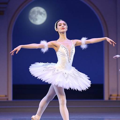 Photograph of a female ballerina in a white tutu, arms outstretched, performing on stage under a full moon backdrop.