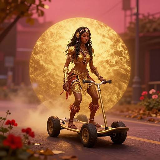 Photorealistic digital art of a dark-skinned woman with long black hair riding a scooter, wearing tribal armor, against a giant glowing orange moon in