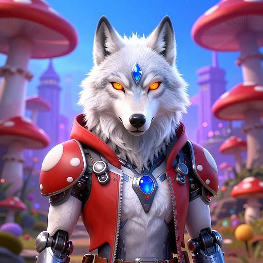Digital artwork of a white wolf with glowing orange eyes, wearing red armor with blue gem, in a colorful, mushroom-filled fantasy forest.