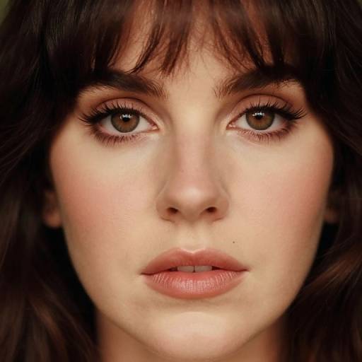 Close-up photograph of a fair-skinned woman with brown eyes, dark brown hair with bangs, and natural makeup, looking directly at the camera with