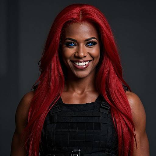 Photograph of a smiling Black woman with vibrant red hair, blue eyes, and dark lipstick, wearing a black, grid-patterned top, against a