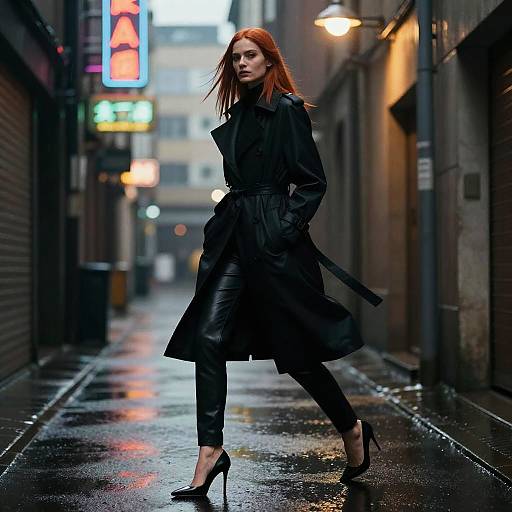 Photograph of a red-haired woman in a black leather coat and pants, black heels, walking on a wet, neon-lit urban alley at night