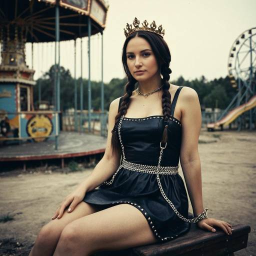Young woman in black leather dress with crown at abandoned amusement park