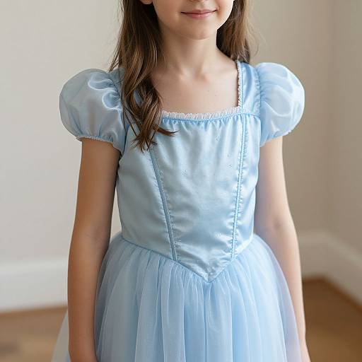 Photograph of a young girl with light skin and brown hair, wearing a blue satin, puffed-sleeve, knee-length dress, standing in