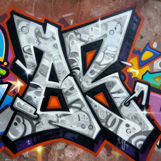 Vibrant graffiti artwork featuring bold, silver metallic letters with black outline and colorful background, including orange, yellow, blue, and purple splashes.