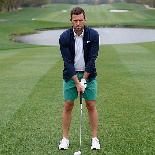 Photograph of a focused male golfer with short brown hair, wearing a navy jacket, white polo, green shorts, and white shoes, standing on