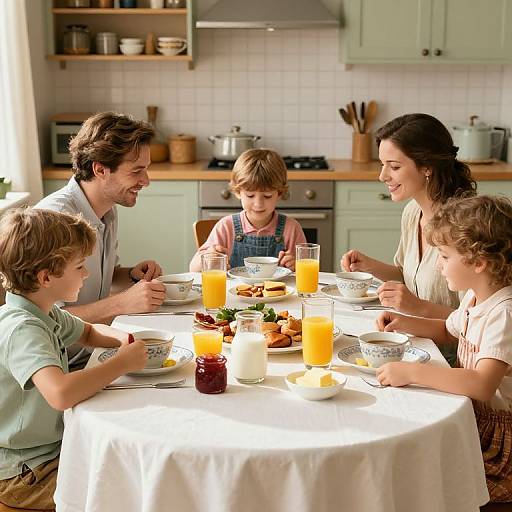 Photograph of a happy family of five, including two parents and three children, having breakfast in a bright, modern kitchen.