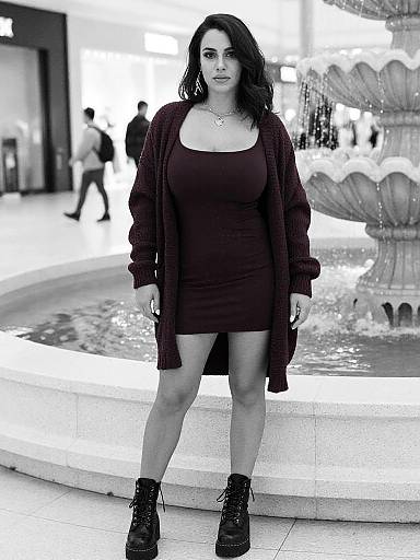 Streetwear Woman by Fountain in Maroon