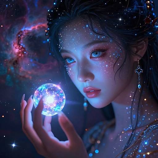 Digital artwork of a mystical, ethereal woman with glowing blue skin and stars, holding a luminous, floating crystal in her hand. Cosmic nebula
