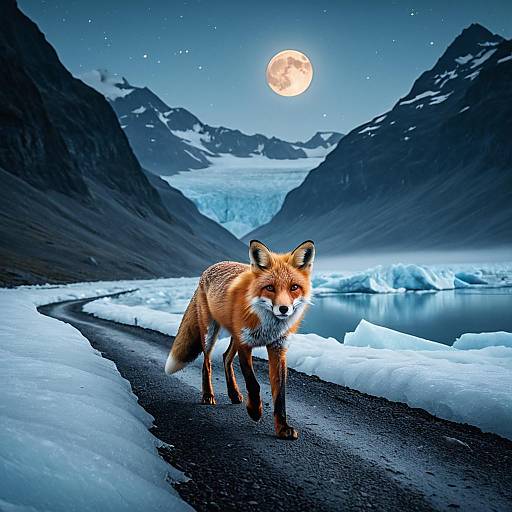 Red Fox Trotting on Glacier Path Under Full Moon