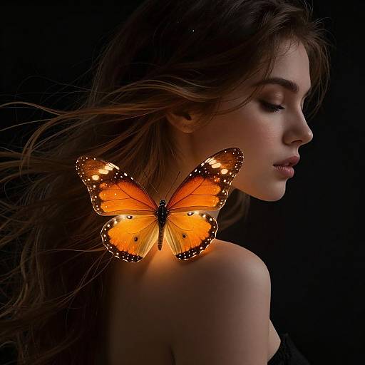 Photograph of a young woman with closed eyes, glowing orange butterfly perched on her exposed shoulder, dark background, soft lighting.