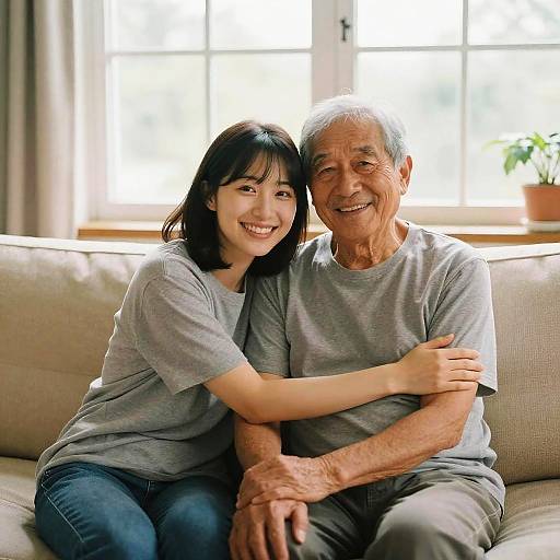 Young Woman Embracing Elderly Man on Sofa
