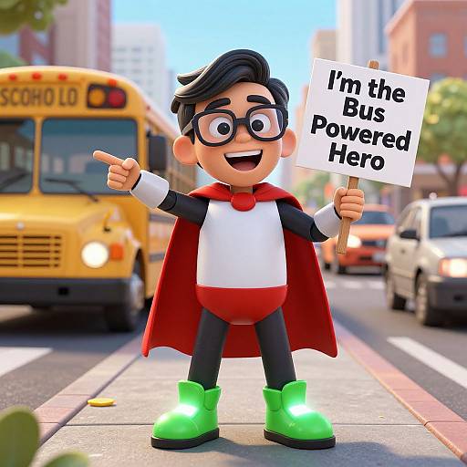 CGI image of a cartoon superhero boy with black hair, glasses, red cape, white and red suit, green boots, holding 