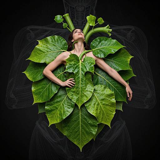 Photograph of a woman with light skin, brown hair, lying on large green leaves, surrounded by black, shadowy figure, with green stems above