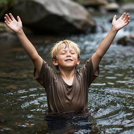 Joyful Boy Floating in a River