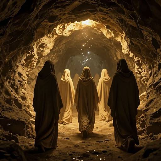 Photograph of five robed figures walking through a dimly lit, cave-like tunnel with glowing, golden light at the end. Silhouettes and