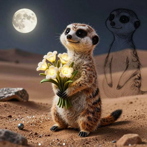 Whimsical Meerkat with Glowing Moonflowers
