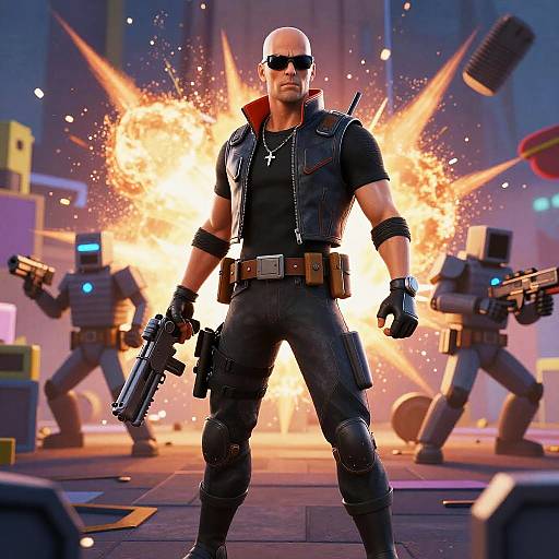 Muscular bald man in black leather vest, sunglasses, and pants stands confidently with gun, flanked by robotic enemies, in front of a fiery explosion