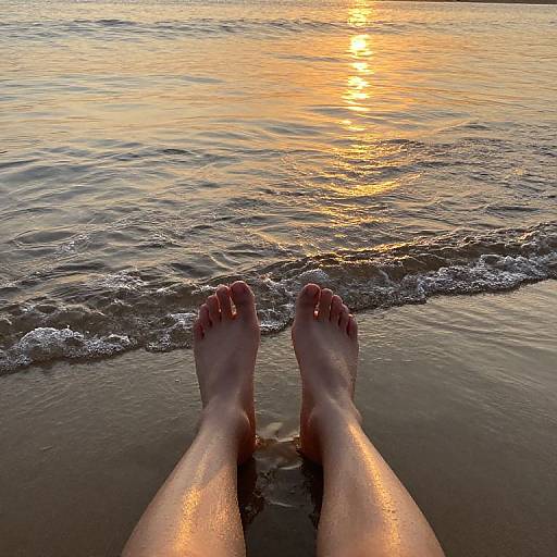 Photograph of two glistening feet in shallow water at sunset, with golden sunlight reflecting on the gentle waves.