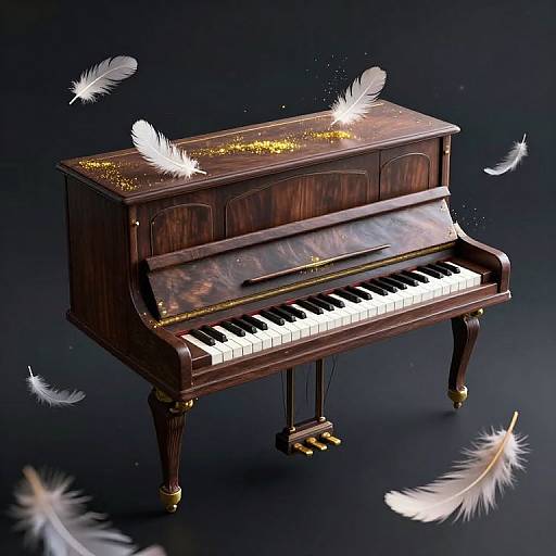 Photograph of a dark wooden piano with white feathers floating above and around it, golden glitter scattered on the top. Dark background. Elegant, ethereal