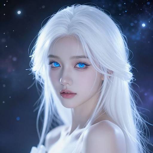 Digital artwork of a pale, ethereal young woman with glowing white hair, striking blue eyes, and a luminous aura against a starry, cosmic