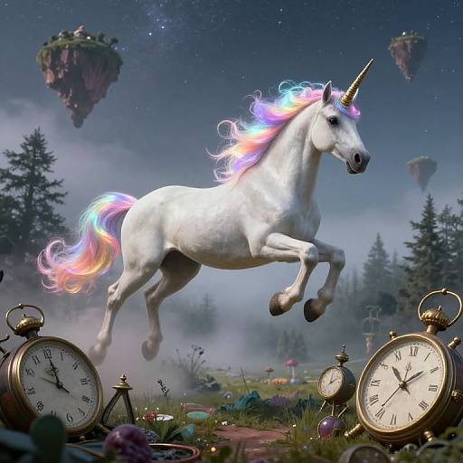 Digital fantasy artwork: A glowing white unicorn with a multicolored mane leaps amidst floating islands, surrounded by vintage clocks and misty forest.