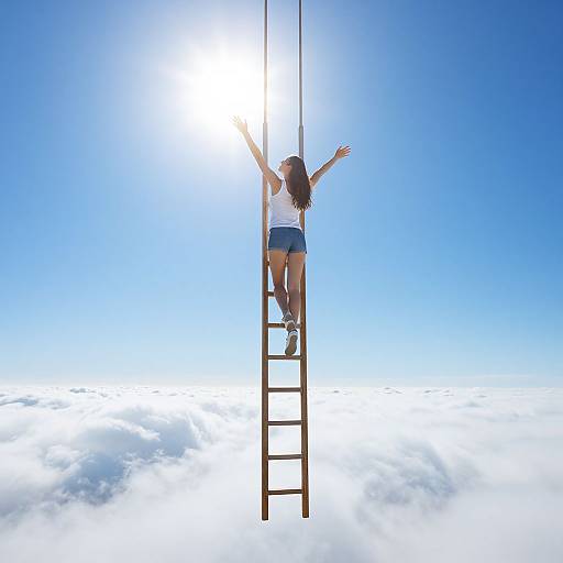 Photograph of a woman with long brown hair, wearing a white tank top and blue shorts, climbing a ladder into a bright blue sky with clouds below