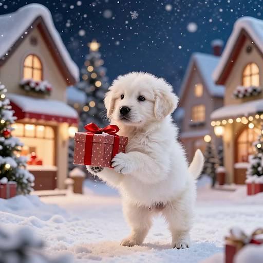 Cute, fluffy white puppy holding a red gift box with a bow, standing in a snowy, festive village at night.