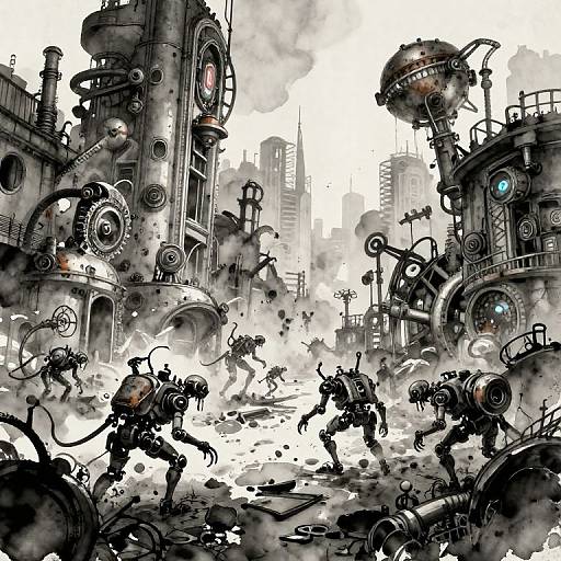 Cyberpunk battle scene: robotic warriors clash amidst a chaotic, industrial cityscape with towering, mechanical structures and smoky, grey skies. Digital artwork